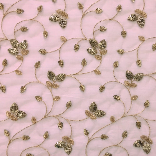 embroidered fabric, Indian net/mesh fabric, floral motifs, sequin embellishment, peach pink net/mesh fabric, dupatta  - HALF YARD - emb174