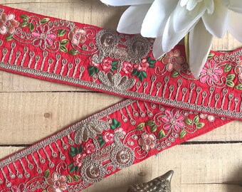 red lace, peach flowers, gold carriage, scrapbook ribbons, Indian embroider, home decor trims, sew on dresses, India trim - Lace631
