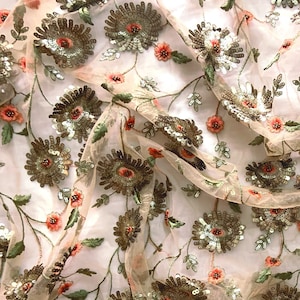Embroidery Fabric, Indian Fabric By The Yard, Dress Material, Sari Fabric, Embroidered Net Fabric, Peach fabric, Sequin - HALF YARD - emb218