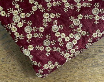 Indian embroidery, dress material, burgundy red fabric, gold floral pattern embroidery, embroidered fabric, dupatta - HALF YARD - emb196