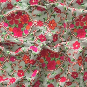 taupe georgette fabric, embroidered fabric, threadwork, multi colored floral pattern, indian georgette, dress making - HALF YARD - emb151