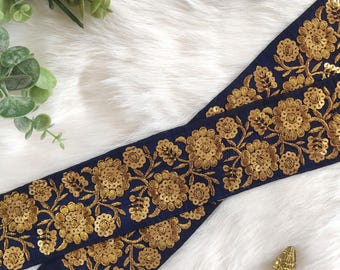 blue color trim, Indian trim by the yard, boho trim, saree border, embroidered trim, floral, decorative, craft, gold embroidery - Lace1028