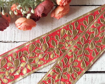 saree border, indian trim, embroidered border, gold gota patti embroidery, red silk lace, floral motifs, home decor, junk journal - lace548