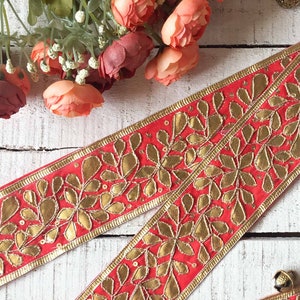 borde de sari, adorno indio, borde bordado, bordado de gota patti de oro, encaje de seda roja, motivos florales, decoración del hogar, diario basura - lace548