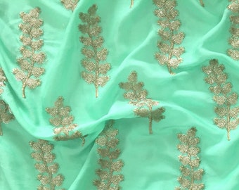 indian chinon fabric, mint green chinon fabric, sequin motifs, indian embroidery, dress material, sari fabric, dupatta - HALF YARD - emb134