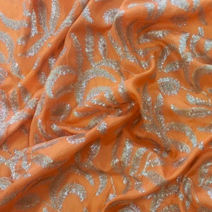 embroidered fabric, orange silky fabric, silver and light gold sequins, floral pattern, indian embroidery, dupatta HALF YARD emb118 image 1