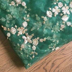 Indian embroidery, dress material, bottle green net, gold thread, sequin embroidery, embroidered fabric, sari blouse - HALF YARD - emb207