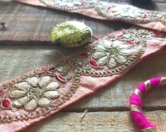 trim op maat gesneden, perzik kanten rand, saree rand, Indiase kant, buta borduurwerk, Indiase rand, decoratief kant, ambacht, doe-het-zelf - Lace765