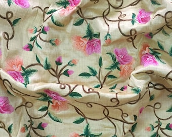 lehenga fabric, pink floral embroidery, beige silk fabric, dupatta fabric, decorative, dress making, diy craft, costume - HALF YARD - emb117