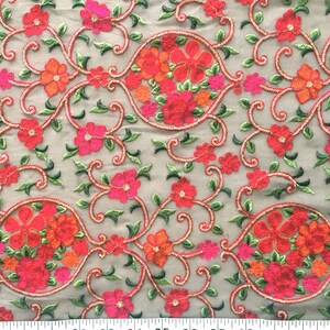 tela georgette topo, tela bordada, hilo, patrón floral multicolor, georgette india, confección de vestidos - MEDIO PATIO - emb151