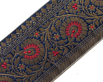 Navy Blue Trim, Indian Sari Border, Floral Pattern Jacquard Trim, Junk Journal, Trim By The Yard, Gold Woven Fabric Trim, Boho - Lace685