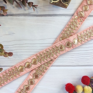 light pink lace, Indian laces, gota embroidery, gold sequins work, Indian trim, light pink trim, lace by the yard, laces - Lace749
