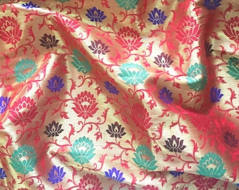 indian fabric, red and gold brocade, multi colored floral pattern, home decor, brocade fabric, floral fabric - Half Yard and 1 yard - br178
