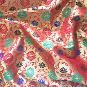 indian fabric, red and gold brocade, multi colored floral pattern, home decor, brocade fabric, floral fabric - Half Yard and 1 yard - br178