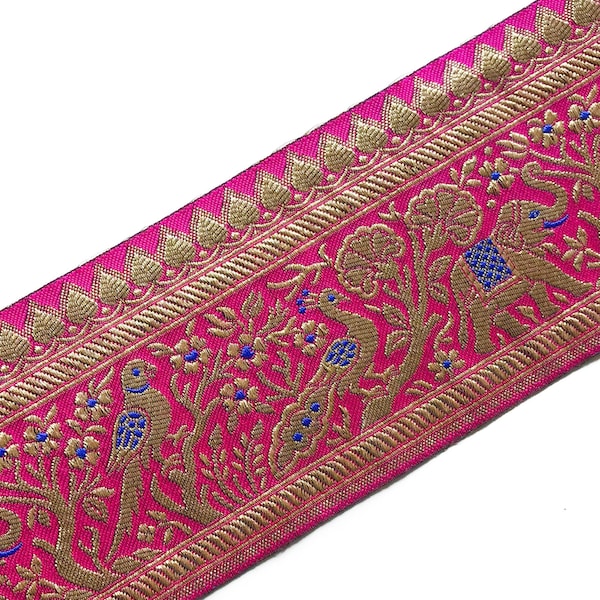 Indian Trims, Jacquard Sari Border, Fuchsia Pink Fabric Ribbon, Boho Fabric Trim, Elephant Peacock Indian Saree Border, Goud - lace677