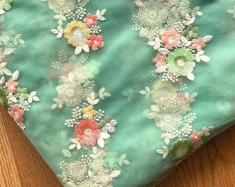 Indian Fabric By The Yard, Green Embroidered Fabric, Tulle Fabric Embellished, Sari Fabric, Lehenga, Sewing, Dress Material - emb222