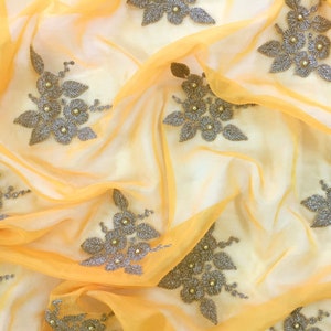 embroidered fabric, pumpkin color organza, gold floral motifs, embellished with pearls, dupatta, dress fabric - HALF YARD - emb145