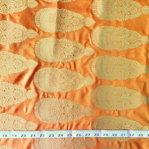silk brocade, orange brocade, large gold indian motif, banarasi brocade,  gold brocade fabric, banaras silk - half yard and 1 yard - br158