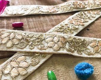 beige lace, indian trim, embroidered border, junk journaling, india ribbon, by the yard, gold sequins, sari fabric trim, floral - lace757