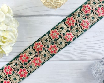 bottle green lace, indian embroidery, sari trim, hot pink, gold floral embroidery, india lace, bottle green lace trim, sari border - Lace781