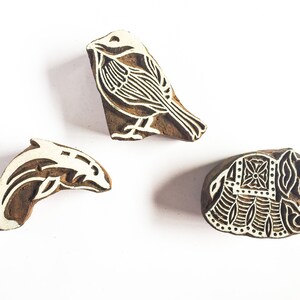motivos indianos, selos esculpidos à mão, lembrancinhas, bloco de madeira, estêncil de tecido, impressão têxtil, decoração de casa, animal, conjunto de três - blkset3