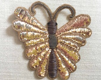 butterfly motif, handmade patch, scrapbook applique, embellishment, indian embroidery, gold bullion, dress making, sew on - 1 piece - mtf324