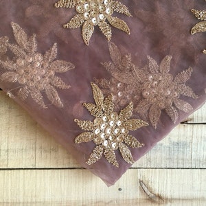 embroidered fabric, Indian net/mesh fabric, purplish brown net/mesh fabric, gold floral motifs, dress material, dupatta - HALF YARD - emb119