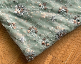Sari Fabric, Embroidered Fabric By The Yard, India Tulle Suit Material, Embroidery, Green Gold Lehenga Fabric, sewing - Half Yard - emb221