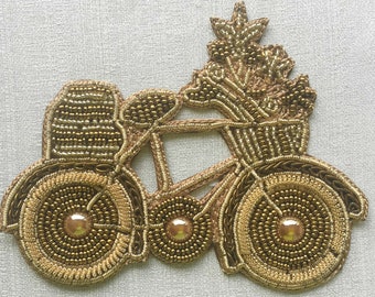 cycle motif, indian appliques,diy craft patches, sew on patch, gold, bullion, bead, hand embroidery, pillow embellishment - 1 piece - mtf311