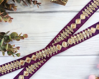 purple border lace, geometric laces, sari borders, indian trims, trim by the yard, embroidery, gold sequin, boho trims, diy, craft - Lace751