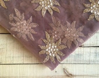 embroidered fabric, Indian net/mesh fabric, purplish brown net/mesh fabric, gold floral motifs, dress material, dupatta - HALF YARD - emb119