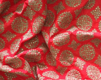 embroidered fabric, antique gold thread, sequin embroidery, red fabric, indian embroidered fabric, dress material - HALF YARD - emb162