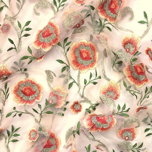 Embroidered Fabric India Organza Floral Embroidery Dupatta Etsy