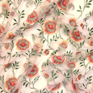 Tissu brodé indien, filet de pêche/maille, broderie de fils floraux et paillettes, tissu dupatta - HALF YARD - emb170