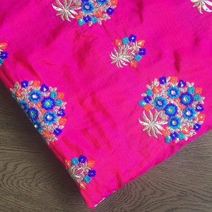 embroidered fabric, pink and orange iridecsent fabric, floral motifs, dress material, fabric by the yard, craft making- HALF YARD - emb166