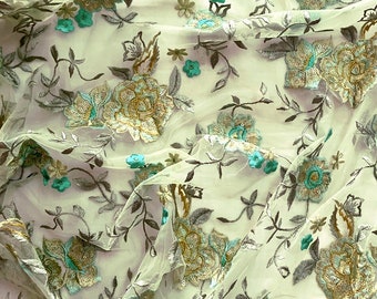 Indian embroidered fabric, dress material, light green net fabric, floral embroidery, sequin embroidery - HALF YARD - emb205