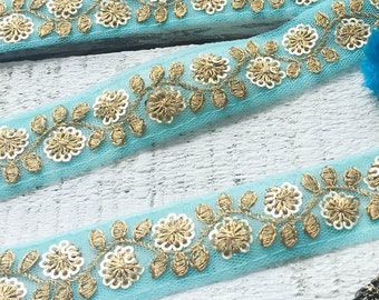 craft lace, gold floral pattern, aqua lace, floral embroidered trim, home decor, indian lace, sari borders, trim by the yard - Lace435