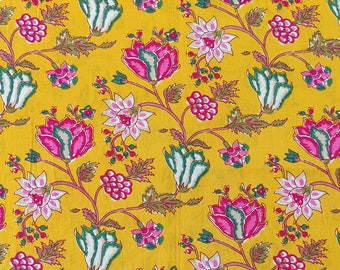 Indian fabric by the yard, floral cotton, jaipur fabric, yellow block print fabric for dress apparel home decor - 1 yard - ctjp347