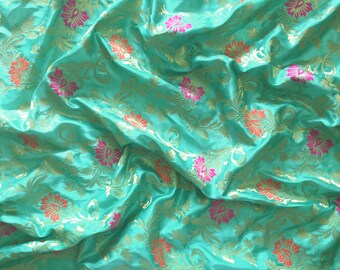 Dark Blue Sale by Half a Yard Sea Green Gold Woven Brocade Sari Silk Floral Gold Weaved Indian Brocade Silk Shiny Decorative Textiles