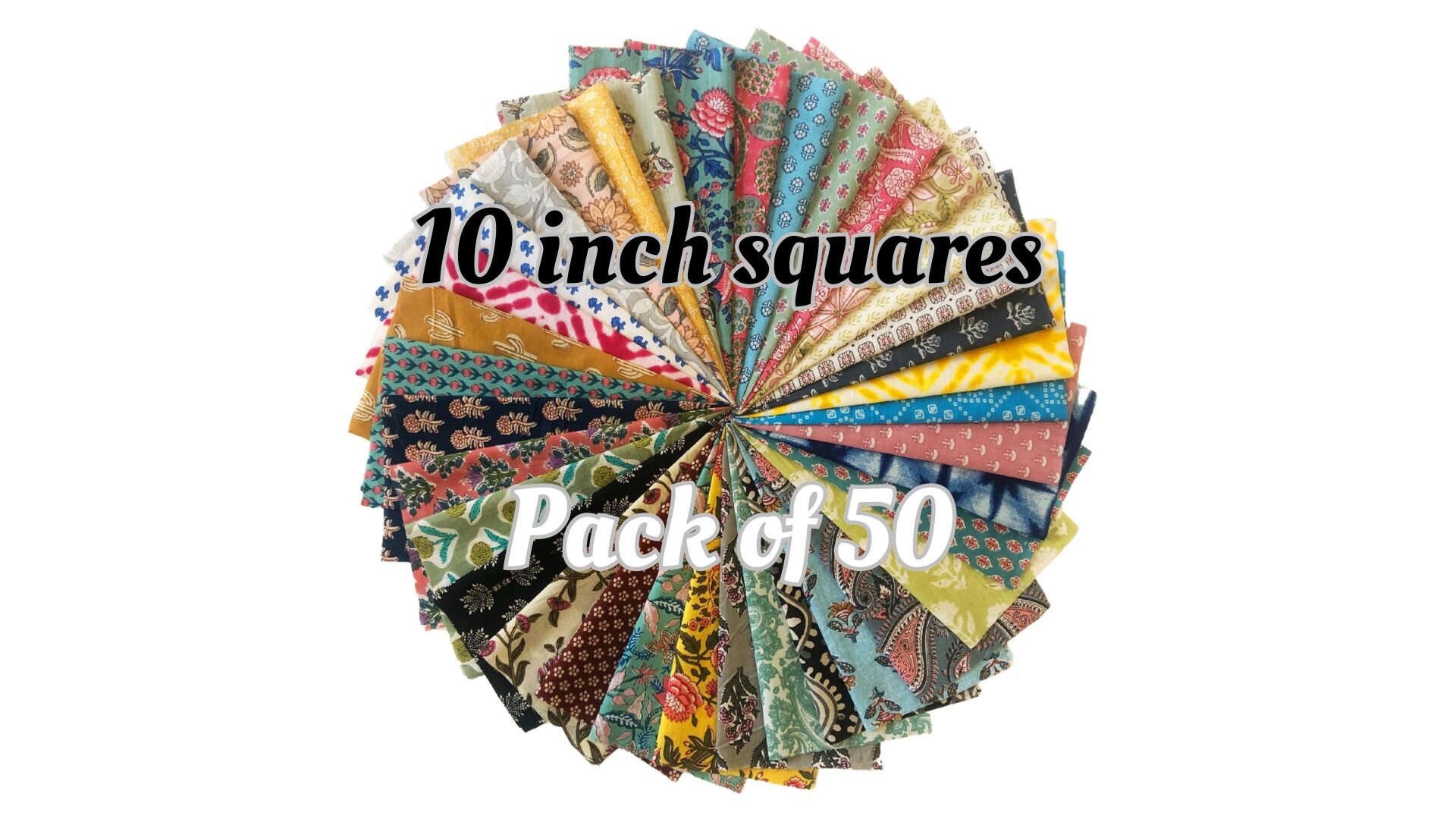 100% cotton, lightweight, Indian cotton print fabric squares, block printed, cotton fabric bundle, Indian fabric pack, diy - 10"x10" - 50pc