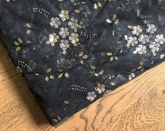 Embroidered Indian fabric, dress material, black net, sequin floral embroidery, embroidered fabric, sari blouse dupatta - HALF YARD - emb212
