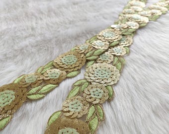 indian lace, indian embroidery, green, golden trim, scalloped lace, floral trim, craft, diy, gold embroidery, decorative, sequins - Lace1218