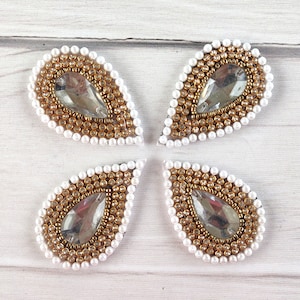 Indian patches, sew on applique, drop shaped motif, dress making, white mirror, decorative, craft embellishment, beads, handmade - mtf381