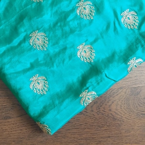 indian fabric, bright sea green silk, india embroidery, gold sequin motifs, dress material, dupatta, indian silk fabric - HALF YARD - emb127