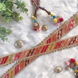 renda indiana, bordas bordadas, lantejoulas, renda multicolorida, acabamento dourado, decorativo, estilo étnico, artesanato, faça você mesmo - 1 jarda - lace1039