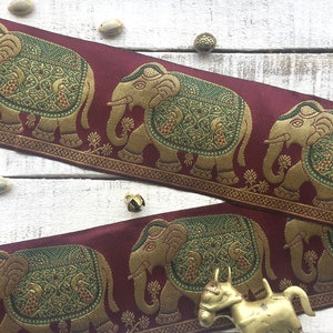 encaje jacquard granate, encaje artesanal, cordones decorativos, borde indio, estampado de elefante, borde sari, encaje jacquard, encaje de decoración del hogar - Lace567