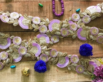 embroidered trim, sari border, cutwork, purple and gold sequin flowers, indian lace, lace trim, decorative indian lace, saree trim - Lace768