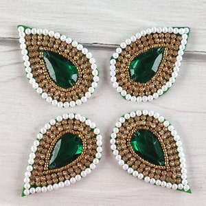 Indian patches, sew on applique, drop shaped motif, dress making, green mirror, decorative, craft embellishment, beads, handmade - mtf385