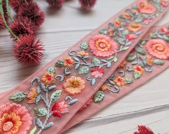 インド トリム 1 ヤードあたり、ボヘミアン トリム、刺繍、花柄、サリー ボーダー、ピンク レース、装飾、クラフト ボーダー、ネット トリム、インド レース - Lace966