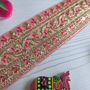 pink lace, gold sequins, saree border, indian design lace, pink thread embroidery, lace trim, embroidered design, saree trim - Lace809